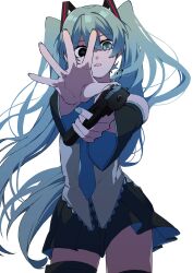 Rule 34 | 1girl, aiming, aiming at viewer, black eyes, black skirt, black thighhighs, blue eyes, blue hair, blue nails, blue necktie, commentary, contrapposto, cowboy shot, crosshair pupils, detached sleeves, eiku, expressionless, floating hair, grey shirt, gun, hair ornament, handgun, hatsune miku, head tilt, heterochromia, highres, holding, holding gun, holding weapon, long hair, looking at viewer, miniskirt, mismatched pupils, necktie, open hand, open mouth, outstretched arms, shirt, signature, simple background, skirt, sleeveless, sleeveless shirt, solo, symbol-only commentary, thighhighs, twintails, vocaloid, weapon, white background, wide sleeves, zettai ryouiki