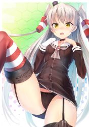 Rule 34 | 10s, 1girl, amatsukaze (kancolle), black panties, blush, bow, bow panties, cameltoe, choker, dress, garter straps, gloves, hair tubes, highres, kantai collection, leg up, long hair, looking at viewer, open mouth, panties, red thighhighs, sailor collar, sailor dress, short dress, silver hair, single glove, solo, striped clothes, striped thighhighs, sunsuke, thighhighs, two side up, underwear, white gloves, yellow eyes