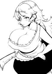 Rule 34 | 1girl, absurdres, asymmetrical breasts, breasts, cleavage, closed mouth, covered erect nipples, dress, hand on own hip, high contrast, highres, himajin noizu, huge breasts, large breasts, long hair, looking at viewer, monochrome, nata (tool), sakata nemuno, simple background, single strap, skirt, solo, touhou
