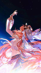 Rule 34 | 1girl, arm up, blue skirt, commentary, cowboy shot, crop top, dancer, fake horns, from side, genshin impact, harem outfit, highres, horns, lengchan (fu626878068), long hair, looking up, nilou (genshin impact), puffy sleeves, red hair, signature, skirt, sky, solo, star (sky), starry sky, symbol-only commentary, very long hair, white veil