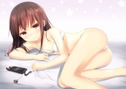 Rule 34 | 1girl, animal ears, ass, bare legs, bed sheet, bra, breasts, brown hair, cat ears, cellphone, cleavage, closed mouth, collarbone, commentary, feet out of frame, gradient background, highres, legs, looking at viewer, lying, on side, original, panties, phone, red eyes, senifu, sidelocks, small breasts, smartphone, smartphone case, solo, star (symbol), thighs, underwear, white bra, white panties