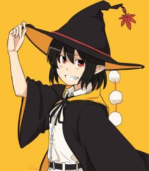 Rule 34 | 1girl, black hair, cloak, dated, dress shirt, grin, hat, kawashina (momen silicon), leaf, looking at viewer, orange background, pointy ears, red eyes, shameimaru aya, shirt, short hair, simple background, smile, solo, touhou, witch hat