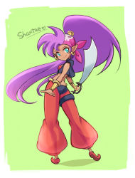 Rule 34 | 1girl, ass, bandana, bandeau, blue eyes, bracer, character name, cutlass, cutlass, earrings, from behind, full body, harem pants, jewelry, long hair, looking back, midriff, pants, pointy ears, ponytail, purple hair, rinta (rintan), shantae, shantae (series), shantae and the pirate&#039;s curse, shoes, simple background, smile, solo, sword, very long hair, vest, weapon