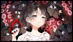 Rule 34 | 1girl, absurdres, belt, black eyes, black hair, blush, chilcy35, crying, crying with eyes open, dirty, dirty clothes, flower, highres, holding, holding belt, kuze shizuka, looking at viewer, shirt, short hair, solo, takopii, takopii no genzai, tears, tentacles, upper body, white shirt