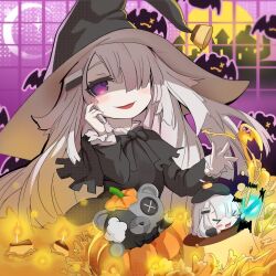 Rule 34 | 1girl, bat (animal), black capelet, black dress, candle, capelet, dress, food, hair ornament, hairpin, haizumi (noworld), halloween, highres, long hair, long sleeves, noir (noworld), non6534, noworld, piano keys, pudding, pumpkin, virtual youtuber, white hair