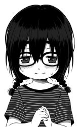 Rule 34 | 1girl, black hair, blush, braid, child, facing viewer, female focus, glasses, long hair, looking down, miyasaka takaji, nervous, own hands together, shirt, simple background, solo, striped clothes, striped shirt, sweat, twin braids, upper body