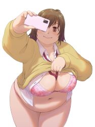 Rule 34 | 1girl, ahoge, breasts, brown eyes, brown hair, character request, cleavage, closed mouth, commentary request, copyright request, cowboy shot, fat, hair between eyes, hair over one eye, head tilt, highres, holding, holding phone, huge breasts, katou (katohayabusa), large breasts, leaning forward, lifting own clothes, long hair, long sleeves, looking at viewer, navel, outstretched arm, phone, selfie, simple background, solo, tareme, thick thighs, thighs, unbuttoned, unbuttoned shirt, white background, wing collar