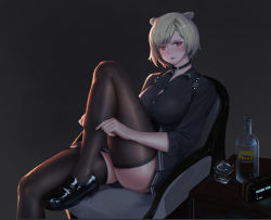 Rule 34 | 1girl, absinthe (arknights), absurdres, animal ears, arknights, bear ears, black background, black choker, black footwear, black shirt, blush, bottle, breasts, chair, chinese commentary, choker, commentary request, cup, drinking glass, feet out of frame, grey hair, highres, jangsunyo, knee up, large breasts, long sleeves, looking at viewer, partial commentary, red eyes, shirt, shoes, short hair, sitting, solo, thighhighs, thighs
