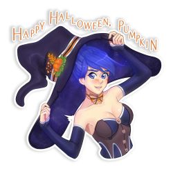 Rule 34 | 1girl, alternate costume, bare shoulders, blue eyes, blue hair, blush, bow, bowtie, breasts, cleavage, collarbone, cropped torso, detached sleeves, english text, everlasting summer, halloween, halloween costume, happy halloween, hat, holding, holding clothes, holding hat, looking at viewer, medium breasts, narwhal iv, orange bow, orange bowtie, parted lips, purple hat, samantha reed smith, short hair, simple background, smile, solo, torn clothes, torn hat, upper body, white background, witch hat