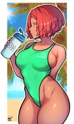 Rule 34 | 1girl, arm behind back, arrow (symbol), beach, blue eyes, border, bottle, breasts, competition swimsuit, cowboy shot, dark-skinned female, dark skin, dated, day, from side, ginseng (xin), giovanna (guilty gear), guilty gear, guilty gear strive, highleg, highleg swimsuit, highres, large breasts, lips, one-piece swimsuit, outline, palm tree, red hair, short hair, sideboob, signature, solo, standing, swimsuit, thick thighs, thighs, tree, water bottle, white border, white outline