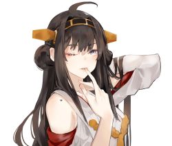 Rule 34 | 1girl, ahoge, bare shoulders, brown hair, double bun, fingernails, hairband, hand up, heart, heart tattoo, kantai collection, kongou (kancolle), long sleeves, looking at viewer, nail polish, neko (ganecooo), pink nails, purple eyes, simple background, smile, tattoo, upper body, white background