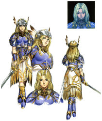 Rule 34 | 1girl, arm guards, armor, black background, blonde hair, boots, breastplate, breasts, brooch, closed eyes, feathers, from behind, green eyes, helmet, holding, holding sword, holding weapon, jewelry, lips, long hair, looking at viewer, multiple views, official art, parted lips, profile, silmeria valkyrie, simple background, skirt, smile, sword, tiara, valkyrie profile (series), weapon, white background, white feathers, white skirt