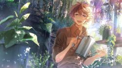 Rule 34 | 1boy, :d, blush, brown eyes, brown hair, brown shirt, dew drop, flower, hair between eyes, helios rising heroes, highres, indoors, looking at viewer, male focus, mumei ponchi, open mouth, plant, potted plant, shadow, shirt, signature, smile, solo, twitter username, upper body, water drop, watering can, wisteria