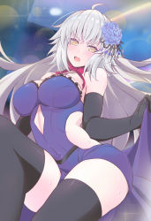 Rule 34 | 1girl, absurdres, ahoge, bare shoulders, black gloves, black thighhighs, blue dress, blue flower, blush, bow, bowtie, breasts, cleavage, clothing cutout, commentary, covered navel, dress, elbow gloves, fate/grand order, fate (series), flower, gloves, hair flower, hair ornament, highres, jeanne d&#039;arc (fate), jeanne d&#039;arc alter (avenger) (fate), jeanne d&#039;arc alter (fate), large breasts, long hair, looking at viewer, naopy, official alternate costume, open mouth, pink bow, silver hair, sleeveless, solo, stomach cutout, strapless, strapless dress, sweat, thighhighs, thighs, yellow eyes