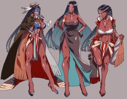 Rule 34 | 1girl, bad id, bad tumblr id, barefoot, black hair, blue eyes, bodypaint, braid, breasts, character sheet, cleavage, cloak, collarbone, dark-skinned female, dark skin, fate/grand order, fate (series), genderswap, genderswap (mtf), geronimo (fate), geronimo (third ascension) (fate), grey background, hand on own hip, horns, jewelry, large breasts, long hair, looking at viewer, multiple views, native american, navel, necklace, one eye closed, rokkotsu, sarashi, simple background, sleeveless, smile, smoking pipe, very long hair