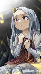 Rule 34 | 1girl, absurdres, bandaged arm, bandaged leg, bandages, boku no hero academia, child, crying, crying with eyes open, dress, eri (boku no hero academia), fengling (furin-jp), grey hair, highres, holding, horns, long hair, parted lips, red eyes, seiza, single horn, sitting, solo, tears, white dress