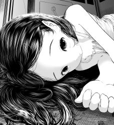 Rule 34 | 1girl, absurdres, child, female focus, greyscale, highres, long hair, looking at viewer, lying, monochrome, on ground, on side, original, solo, tearontaron, twitter username