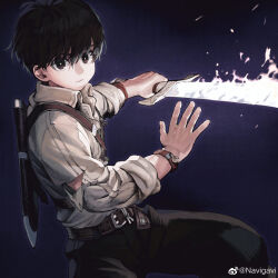 Rule 34 | 1boy, absurdres, belt, black eyes, black hair, black pants, blue background, brown belt, collared shirt, cowboy shot, expressionless, fighting, flaming weapon, from side, highres, holding, holding sword, holding weapon, jun (navigavi), looking at viewer, looking to the side, original, pants, sheath, shirt, short hair, solo, sword, unsheathed, weapon, weibo logo, weibo watermark, white shirt, wristband