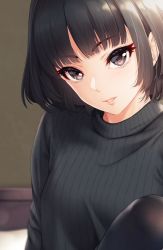 Rule 34 | 1girl, arm support, black hair, black pantyhose, black sweater, brown eyes, character request, head tilt, infinote, knee up, pantyhose, parted lips, short hair, sidelocks, sitting, solo, sweater, turtleneck, turtleneck sweater