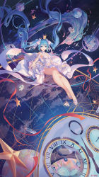 Rule 34 | 1girl, absurdly long hair, aqua hair, atdan, bare legs, bare shoulders, barefoot, blue hair, blush, bow, breasts, cleavage, constellation, crown, diamond (gemstone), dress, flower, flying, gears, gem, hair between eyes, hair bow, hair flower, hair ornament, hair ribbon, hatsune miku, highres, jewelry, long hair, looking at viewer, midair, mini crown, navel, open mouth, outstretched arm, outstretched hand, planet, ribbon, roman numeral, rose, signature, sky, smile, solo, star (sky), star (symbol), starry sky, twintails, very long hair, vocaloid, watch, white dress, white flower, white rose
