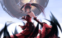 Rule 34 | 1girl, absurdres, artist name, asymmetrical hair, black hair, breasts, character name, choker, clock, clock eyes, date a live, detached sleeves, dress, floating hair, from side, gothic lolita, hairband, heterochromia, highres, layered dress, liht, lolita fashion, lolita hairband, long hair, looking at viewer, medium breasts, neck ribbon, red dress, red eyes, red ribbon, ribbon, skirt hold, sleeveless, sleeveless dress, smile, solo, standing, symbol-shaped pupils, tokisaki kurumi, twintails, very long hair, yellow eyes