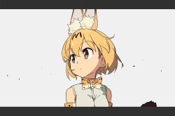 Rule 34 | 10s, 1girl, animal ears, anime coloring, bare shoulders, bow, bowtie, brown eyes, closed mouth, commentary, elbow gloves, gloves, grey background, grey shirt, hair between eyes, hair ornament, kemono friends, letterboxed, looking afar, looking to the side, orange bow, orange bowtie, orange gloves, orange hair, serval (kemono friends), serval print, serval tail, shirt, short hair, simple background, sleeveless, sleeveless shirt, solo, tail, tomato (lsj44867)