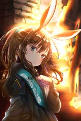 Rule 34 | 1girl, absurdres, amiya (arknights), animal ears, arknights, bad id, bad pixiv id, black jacket, blue eyes, brown hair, commentary request, hanahashi bagara, hand on own chest, head tilt, highres, jacket, long hair, long sleeves, looking at viewer, partial commentary, rabbit ears, sidelocks, solo, upper body