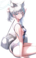 Rule 34 | 1girl, absurdres, animal ears, arm support, ass, back cutout, bag, blue archive, blush, breasts, clothing cutout, earrings, feet out of frame, grey hair, halo, highres, holding, holding hair, jewelry, looking at viewer, looking back, medium breasts, misyune, mouth hold, official alternate costume, ponytail, rubber band, shiroko (blue archive), shoulder bag, sideboob, simple background, sitting, solo, stud earrings, two-tone one-piece swimsuit, white background, wolf ears