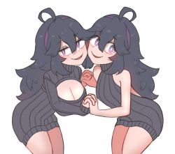 Rule 34 | breasts, cleavage, creatures (company), dual persona, game freak, hex maniac (pokemon), highres, holding hands, kim aendeo, meme attire, messy hair, nintendo, open-chest sweater, pokemon, pokemon xy, purple eyes, purple hair, sweater, virgin killer sweater