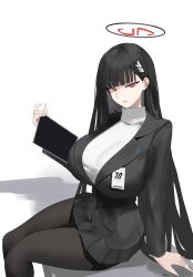 Rule 34 | 1girl, absurdres, arm support, black hair, black jacket, black skirt, blue archive, breasts, hair ornament, hairclip, halo, highres, holding, holding tablet pc, huge breasts, jacket, kasumi saika, long hair, long sleeves, name tag, pantyhose, pleated skirt, red eyes, rio (blue archive), shadow, simple background, sitting, skirt, solo, sweater, tablet pc, white background, white sweater