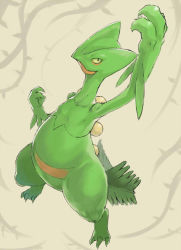 Rule 34 | arm up, beige background, black eyes, claws, collarbone, colored sclera, creatures (company), feet, from above, full body, game freak, gen 3 pokemon, green sclera, hand up, jpeg artifacts, karasumareko, legs apart, looking up, nintendo, no humans, pokemon, pokemon (creature), pokemon rse, sceptile, simple background, solo, standing, tail, thorns