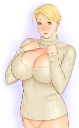 Rule 34 | 1girl, blonde hair, blue eyes, blush, bottomless, breasts, cleavage, cleavage cutout, clothing cutout, eighth wonder, haruka athena, huge breasts, lips, lipstick, looking at viewer, makeup, meme attire, mature female, naked sweater, open-chest sweater, out-of-frame censoring, ribbed sweater, short hair, solo, sweater, takasugi kou, turtleneck, uchi no musume ni te wo dasuna!