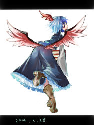 Rule 34 | 1girl, bird wings, blue hair, book, boots, dated, frilled skirt, frills, full body, head wings, highres, horns, knee boots, letterboxed, long sleeves, looking at viewer, looking back, multicolored hair, namauni, one-hour drawing challenge, red eyes, shirt, short sleeves, silver hair, simple background, skirt, solo, streaked hair, tokiko (touhou), touhou, vest, white background, wide sleeves, wings