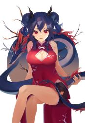 Rule 34 | 1girl, absurdres, arknights, bare arms, bare legs, bare shoulders, black shorts, blue hair, breasts, ch&#039;en (ageless afterglow) (arknights), ch&#039;en (arknights), china dress, chinese clothes, cleavage, cleavage cutout, clothing cutout, commentary, covered navel, double bun, dragon horns, dragon tail, dress, feet out of frame, hair between eyes, hair bun, hiemal (winter crow), highres, holding tail, horns, large breasts, long hair, looking at viewer, official alternate costume, parted lips, red dress, red eyes, short shorts, shorts, side slit, simple background, sitting, sleeveless, sleeveless dress, solo, tail, thighs, twintails, white background