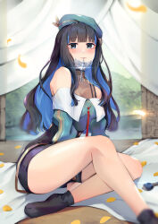 Rule 34 | 1girl, bare shoulders, beret, black hair, black shorts, blue hair, blunt bangs, bracelet, breasts, buttons, colored inner hair, double-breasted, eyeliner, fate/grand order, fate (series), green hat, green jacket, grey eyes, hat, highres, jacket, jewelry, key, long hair, long sleeves, looking at viewer, makeup, mouth hold, multicolored hair, nakaga eri, neck ring, o-ring, off shoulder, revision, shorts, sidelocks, sitting, small breasts, socks, solo, tenochtitlan (fate)