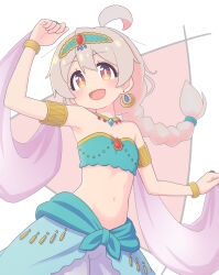 Rule 34 | 1girl, :d, ahoge, alternate costume, alternate hairstyle, arm up, armlet, bare shoulders, bracelet, braid, brown eyes, commentary, dancer, earrings, flat chest, grey hair, hair between eyes, harem outfit, highres, jewelry, light blush, long hair, looking at viewer, multicolored hair, necklace, onii-chan wa oshimai!, open mouth, oyama mahiro, pink hair, rundraw, simple background, single braid, smile, solo, strapless, tube top, two-tone hair