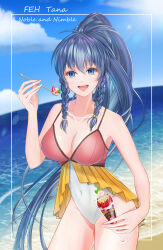 Rule 34 | 1girl, :d, absurdres, bare shoulders, beach, blue eyes, blue hair, braid, breasts, character name, cleavage, collarbone, covered navel, cowboy shot, fire emblem, fire emblem: the sacred stones, fire emblem heroes, food, frills, fruit, highres, holding, holding spoon, ice cream, lapin (hthy2255), large breasts, long hair, looking at viewer, nintendo, ocean, official alternate costume, one-piece swimsuit, open mouth, ponytail, side braids, smile, soft serve, solo, spoon, strawberry, sundae, sunlight, swimsuit, tana (fire emblem), tana (summer) (fire emblem), towel, twin braids, very long hair