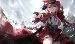 Rule 34 | 1girl, backlighting, building, cane, capelet, closed mouth, cloud, corset, epaulettes, frown, gloves, hat, highres, i!roha, long hair, looking at viewer, military hat, necktie, nijisanji, nijisanji en, pantyhose, partially fingerless gloves, pink hair, red eyes, rosemi lovelock, skirt, solo, virtual youtuber, white pantyhose