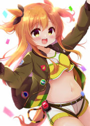 Rule 34 | 1girl, :d, animal ears, arms up, belt, black ribbon, blush, bow, breasts, collarbone, commentary request, confetti, cowboy shot, crop top, dog tags, ear ribbon, green belt, green jacket, hair between eyes, highres, horse ears, horse girl, horse tail, jacket, kiyo (yamazoe1122), long hair, long sleeves, looking at viewer, mayano top gun (umamusume), medium breasts, midriff, navel, open clothes, open jacket, open mouth, orange hair, ribbon, shirt, short shorts, shorts, sidelocks, simple background, smile, solo, standing, tail, teeth, two side up, umamusume, upper teeth only, very long hair, white background, white shorts, yellow shirt