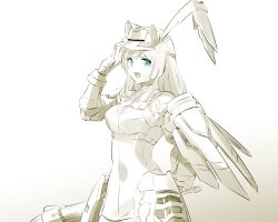 Rule 34 | 1girl, alice gear aegis, arm behind back, blue eyes, braid, breasts, cleavage, cleavage cutout, clenched hand, clothing cutout, commentary, crown braid, dress, from side, gloves, highres, holding, ishiyumi, long hair, mecha musume, medium breasts, merabuchi kanami, monochrome, open mouth, pointing, solo, spot color, unfinished, visor cap