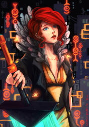 Rule 34 | 1girl, black coat, blue eyes, coat, collarbone, commentary, dress, english commentary, feather collar, glowing, glowing sword, glowing weapon, highres, huge weapon, lipstick, makeup, meriimerodii, nail polish, red (transistor), red hair, short hair, solo, the transistor, transistor (game), weapon, yellow dress, yellow nails
