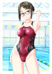 Rule 34 | 1girl, absurdres, black hair, blue eyes, breasts, cleft of venus, clothes writing, collarbone, competition swimsuit, contrapposto, female focus, flame print, glasses, groin, highleg, highleg swimsuit, highres, indoors, lane line, long hair, medium breasts, one-piece swimsuit, original, pool, red one-piece swimsuit, sidelocks, smile, solo, string of flags, striped clothes, striped one-piece swimsuit, swimsuit, takafumi