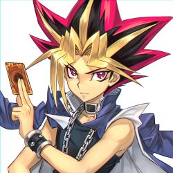 Rule 34 | 1boy, black hair, black shirt, blonde hair, bright pupils, card, chain, choker, closed mouth, commentary request, highres, holding, holding card, jacket, jacket on shoulders, looking at viewer, male focus, ninnin (shishitou), shirt, simple background, sleeveless, sleeveless shirt, smile, solo, spiked hair, upper body, white background, white pupils, wristband, yami yugi, yu-gi-oh!