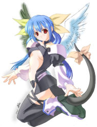 Rule 34 | 1girl, arc system works, ass, asymmetrical wings, blue hair, dizzy (guilty gear), guilty gear, red eyes, ribbon, solo, tail, tail ornament, tail ribbon, thighhighs, wings