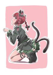 Rule 34 | 1girl, animal ear fluff, animal ears, ass, blush, braid, cat ears, cat tail, fang, from side, full body, gyouza (mhea5724), hair ribbon, high heels, highres, kaenbyou rin, kneeling, looking at viewer, multiple tails, outline, paw pose, pink background, profile, red eyes, ribbon, sideways glance, simple background, solo, tail, touhou, tress ribbon, twin braids, two tails, white outline