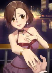 Rule 34 | 1girl, bracelet, breasts, brown eyes, brown hair, city, cleavage, collarbone, dress, earrings, hair between eyes, halter dress, halterneck, hand on own chest, highres, holding hands, idolmaster, idolmaster cinderella girls, jewelry, looking at viewer, medium breasts, mizuki seira, nail polish, night, offering hand, onao, open mouth, parted lips, pink nails, pov, purple dress, railing, short hair, smile, solo, solo focus, water