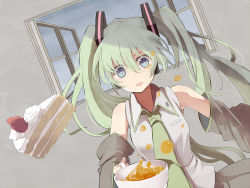 Rule 34 | 1girl, cake, detached sleeves, female focus, food, green hair, hatsune miku, indoors, long hair, mieharu, necktie, open mouth, pastry, sky, solo, spill, twintails, very long hair, vocaloid, window