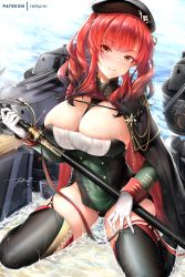 Rule 34 | 1girl, areola slip, azur lane, beach, beret, between breasts, black hair, black panties, black thighhighs, blush, breasts, cape, cleavage, dress, garter straps, gloves, gradient hair, hat, head tilt, holding, holding sword, holding weapon, large breasts, long hair, looking at viewer, multicolored clothes, multicolored dress, multicolored hair, ocean, outdoors, panties, pelvic curtain, red hair, rei kun, rigging, sheath, sheathed, shrug (clothing), sidelocks, sitting, sleeve cuffs, smile, solo, strapless, strapless dress, sword, thighhighs, tube dress, twintails, underwear, wariza, weapon, wet, wet clothes, white gloves, zara (azur lane)