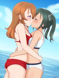 Rule 34 | 2girls, absurdres, ass, bikini, blue eyes, blush, breasts, brown hair, charlotte e. yeager, cleavage, francesca lucchini, green eyes, green hair, hair ribbon, highres, hug, jagure111, kiss, large breasts, long hair, looking at another, multiple girls, ocean, outdoors, red bikini, ribbon, signature, sky, small breasts, strike witches, swimsuit, white bikini, world witches series, yuri