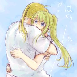 Rule 34 | 1boy, 1girl, blonde hair, blue eyes, dated, edward elric, expressionless, facing away, floating hair, fullmetal alchemist, hand on another&#039;s back, hand on another&#039;s hip, heart, hug, long hair, looking away, ponytail, shirt, short sleeves, translation request, tsukuda0310, white shirt, wide-eyed, winry rockbell